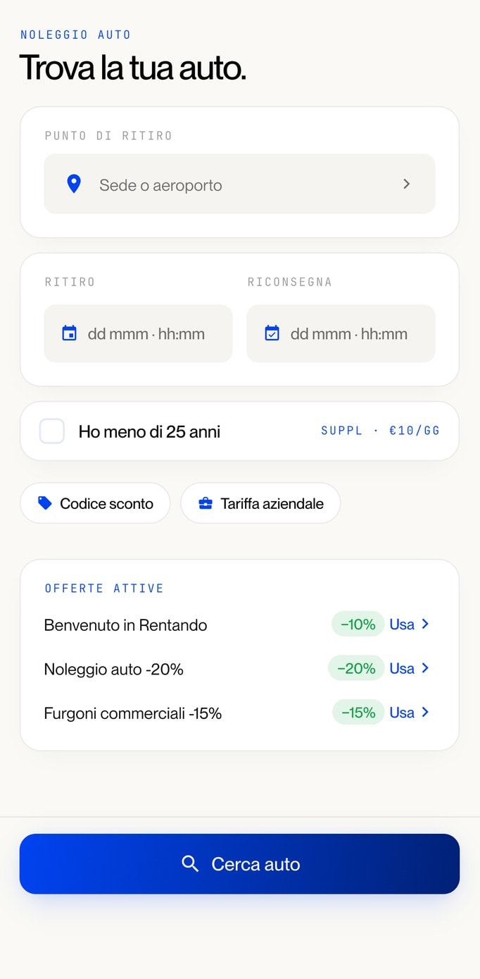 La schermata dell'app Rentando per il noleggio auto: punto di ritiro, date di ritiro e riconsegna, offerte attive